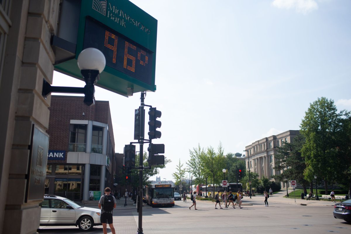 The MidWestOne Bank sign is seen, on the first day of 2023 fall classes in Iowa City on Monday, Aug. 21, 2023. 