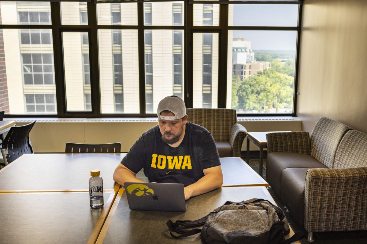 UI student Billy Stoynoff studies at a lounge in Reinow at the University of Iowa in Iowa City on Tuesday, Aug. 22, 2023. Stoynoff is a 33-year-old transfer student entering his third year in college. To document his experience adapting to Iowa City as a nontraditional student, he began making TikTok videos and has amassed over 6,000 followers in just about two weeks. Stoynoff is studying sports and recreation management, hoping to one day serve as Director of Football Operations for a college. “I’ve always had a passion for sports,” Stoynoff said. “I have some experience, now I just need a degree.” 
