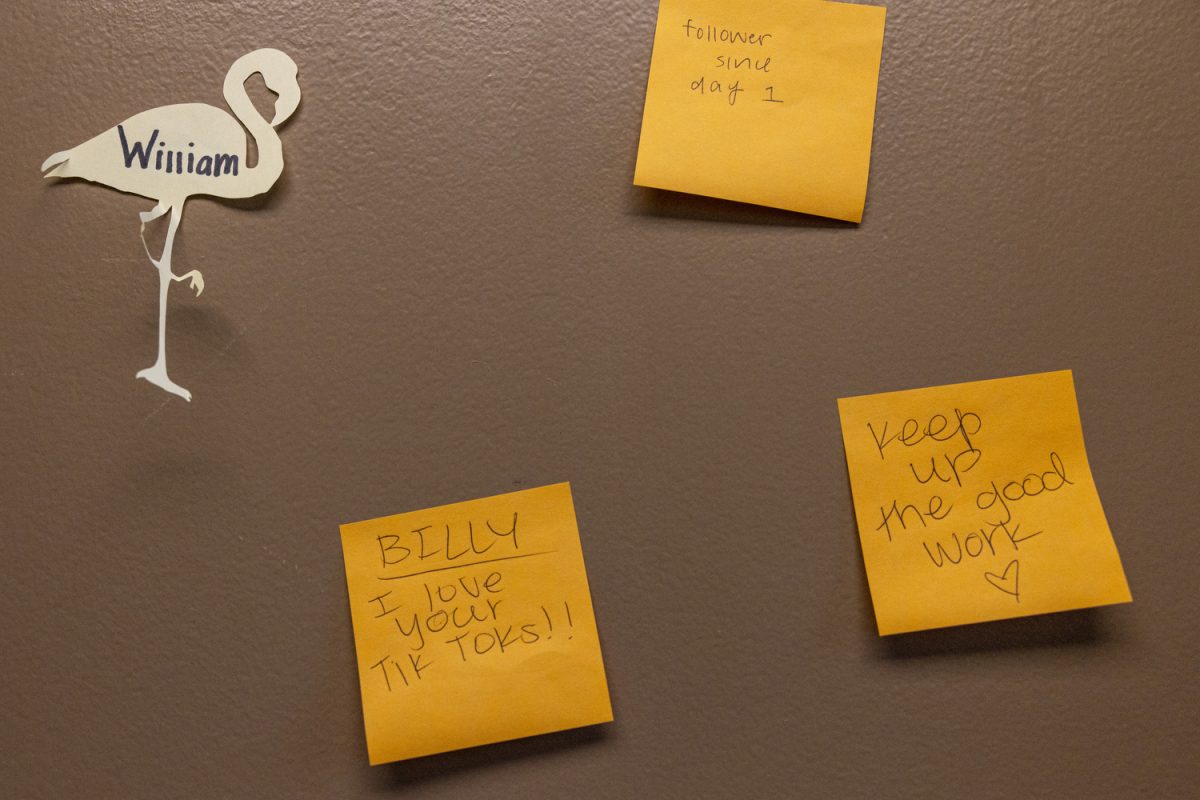 Sticky notes from fans of UI student Billy Stoynoff stick on Stoynoff’s dorm door in Reinow at the University of Iowa in Iowa City on Friday, Aug. 25, 2023. Stoynoff is a 33-year-old transfer student entering his third year in college. To document his experience adapting to Iowa City as a nontraditional student, he began making TikTok videos and has amassed over 6,000 followers in just about two weeks. During Stoynoff’s move-in process, people were asking him which dorm his kid was in, so he made a TikTok video and people liked it. “Everyone is just like really supportive of me being here,” Stoynoff said. 