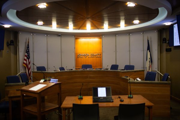 The Johnson County meeting room is seen before a Johnson County Board of Supervisors meeting at the Johnson County Administration Building in Iowa City on Wednesday, Aug. 30, 2023. 