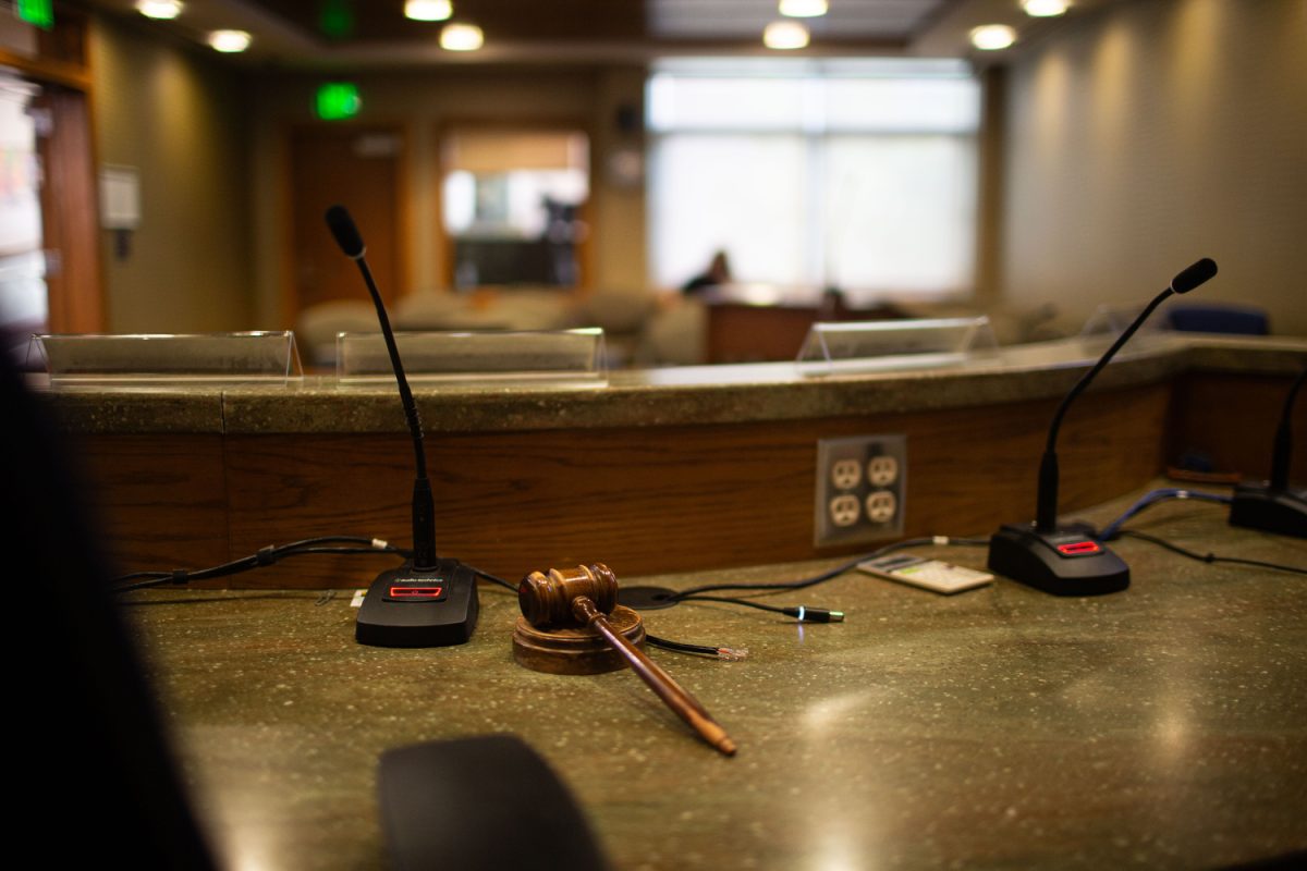 A gavel is seen before a Johnson County Board of Supervisors meeting at the Johnson County Administration Building in Iowa City on Wednesday, Aug. 30, 2023. 