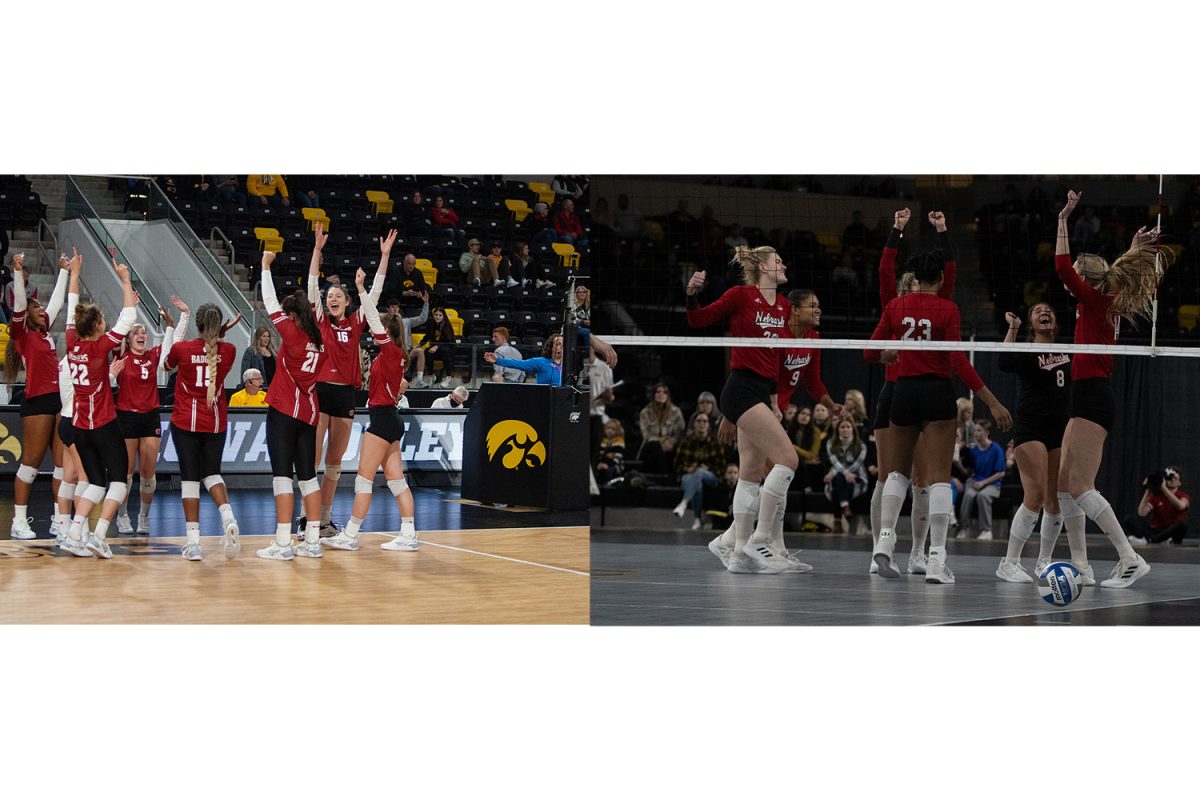 (Left) Members of the Wisconsin volleyball team celebrate after a volleyball match between Iowa and No. 4 Wisconsin at Xtream Arena on Saturday, Nov. 6, 2021. The Badgers defeated the Hawkeyes 3-0. (Right) Nebraska team members celebrate after scoring a point during a volleyball game between Iowa and Nebraska at Xtream Arena in Coralville on Friday, Nov. 18, 2022. The Cornhuskers beat the Hawkeyes 3-0. 