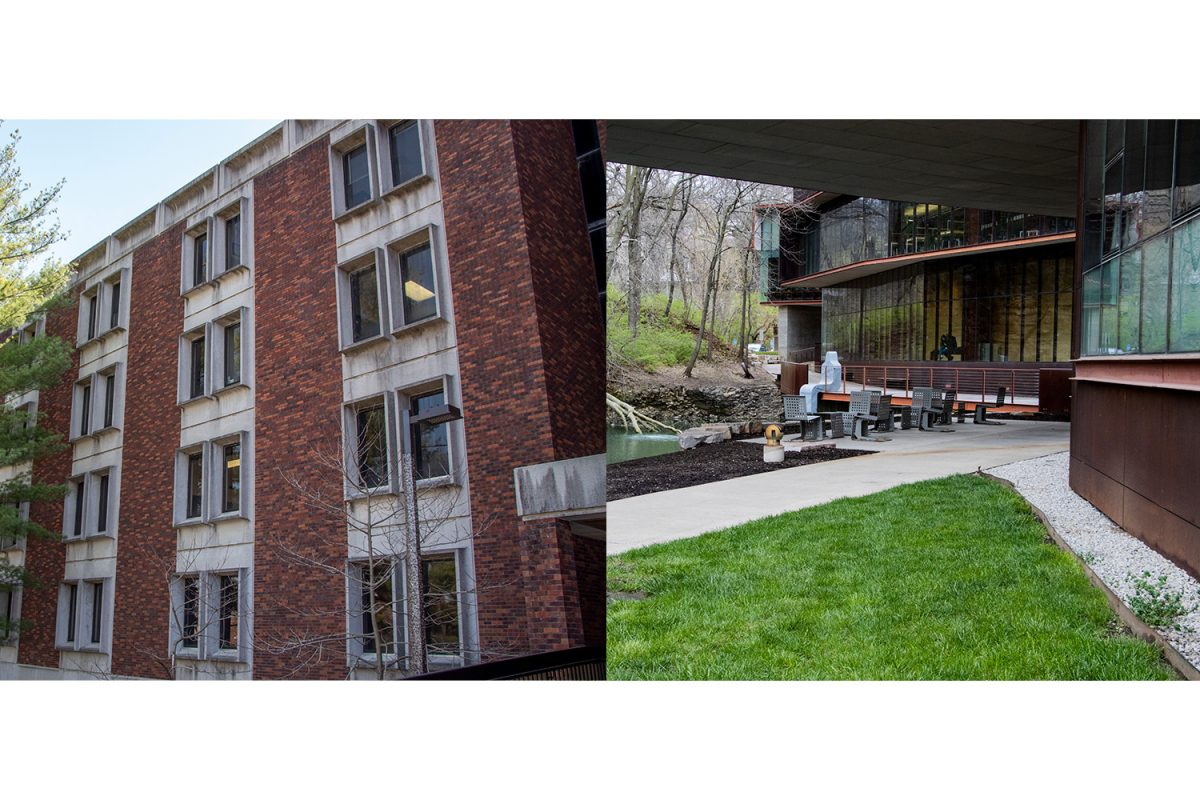 (Left) The English-Philosophy Building at the University of Iowa is pictured on Monday, April 5, 2021. (Right) Art Building West is seen on Sunday, May 2, 2022. 