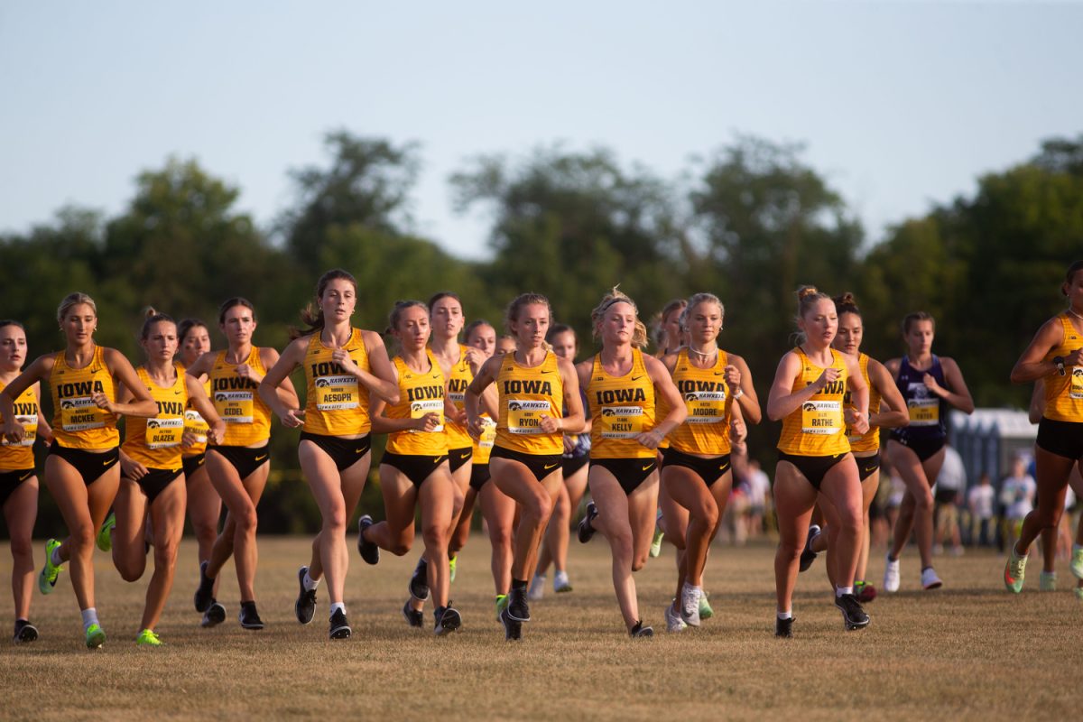 The Iowa womens cross country team competes during the Hawkeye invite at Ashton Cross-Country Course in Iowa City, on Friday, Sep. 1, 2023. The Iowa mens team won the invite with the women coming in second second.