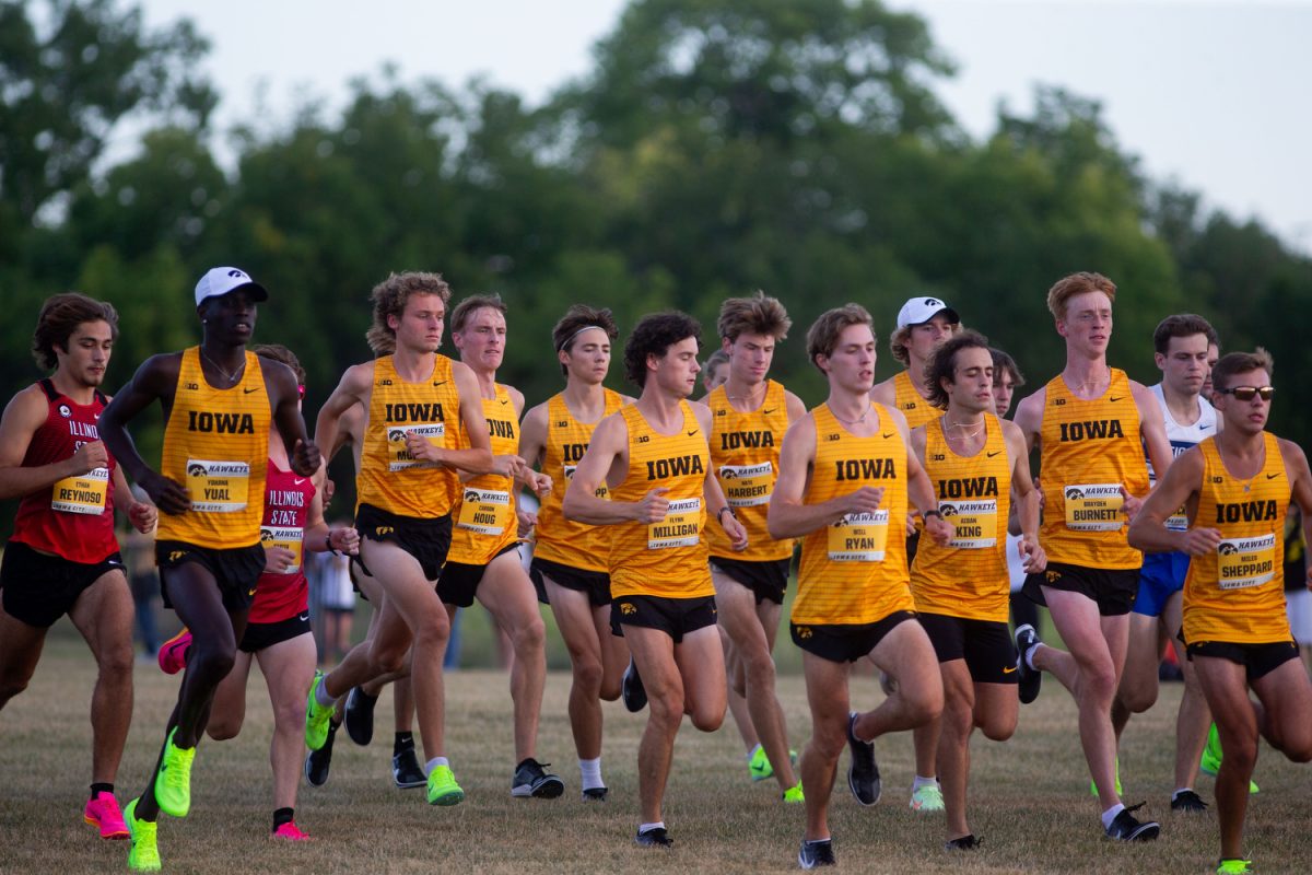 The Iowa mens cross country team competes during the Hawkeye Invite at Ashton Cross-Country Course in Iowa City, on Friday, Sep. 1, 2023. The Iowa mens team won the invite with the women coming in second second.
