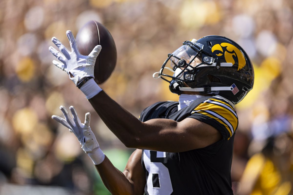 Iowa wide receiver Seth Anderson prepares to catch the ball during a football game between No. 25 Iowa and Utah State at Kinnick Stadium on Saturday, Sept. 2, 2023. The Hawkeyes lead the Aggies, 17-3, at halftime.