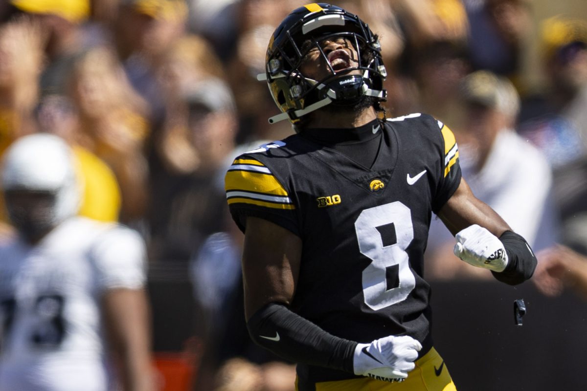 Iowa defensive back Deshaun Lee celebrates during a football game between No. 25 Iowa and Utah State at Kinnick Stadium on Saturday, Sept. 2, 2023. The Hawkeyes lead the Aggies, 17-3, at halftime.