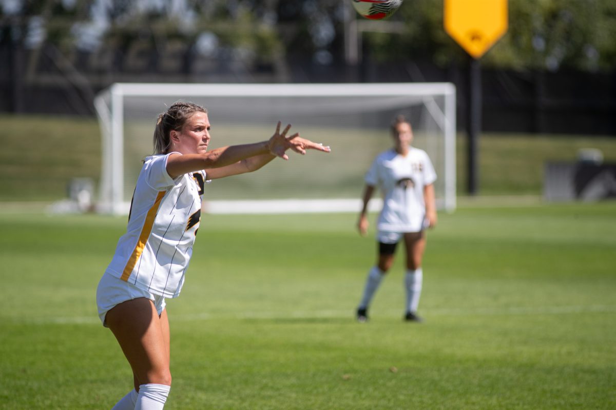 Iowa defender Eva Pattison throws the ball during a women’s soccer game between Iowa and Southeast Missouri State at The University of Iowa’s Soccer Complex on Sunday, Sept. 3, 2023. The Hawkeyes defeated the Redhawks, 4-0.