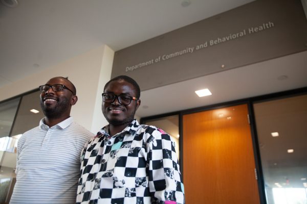Dr. Oluwafemi Adeagbo (left) and Dr. Oluwaseun Badru (right) pose for a portrait in the UI College of Public Health Building on Friday, Sept. 8, 2023.