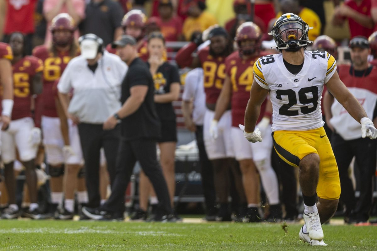 Iowa defensive back Sebastian Castro celebrates during a Cy-Hawk football game between Iowa and Iowa State at Jack Trice Stadium in Ames on Saturday, Sept. 9, 2023. The Hawkeyes defeated the Cyclones, 20-13. Castro had three solo tackles.