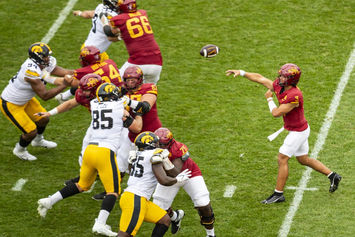 Iowa State quarterback Rocco Becht throws a pass during a Cy-Hawk football game between Iowa and Iowa State at Jack Trice Stadium in Ames on Saturday, Sept. 9, 2023. The Hawkeyes defeated the Cyclones, 20-13. Iowa State had possession for 33 minutes and 30 seconds.