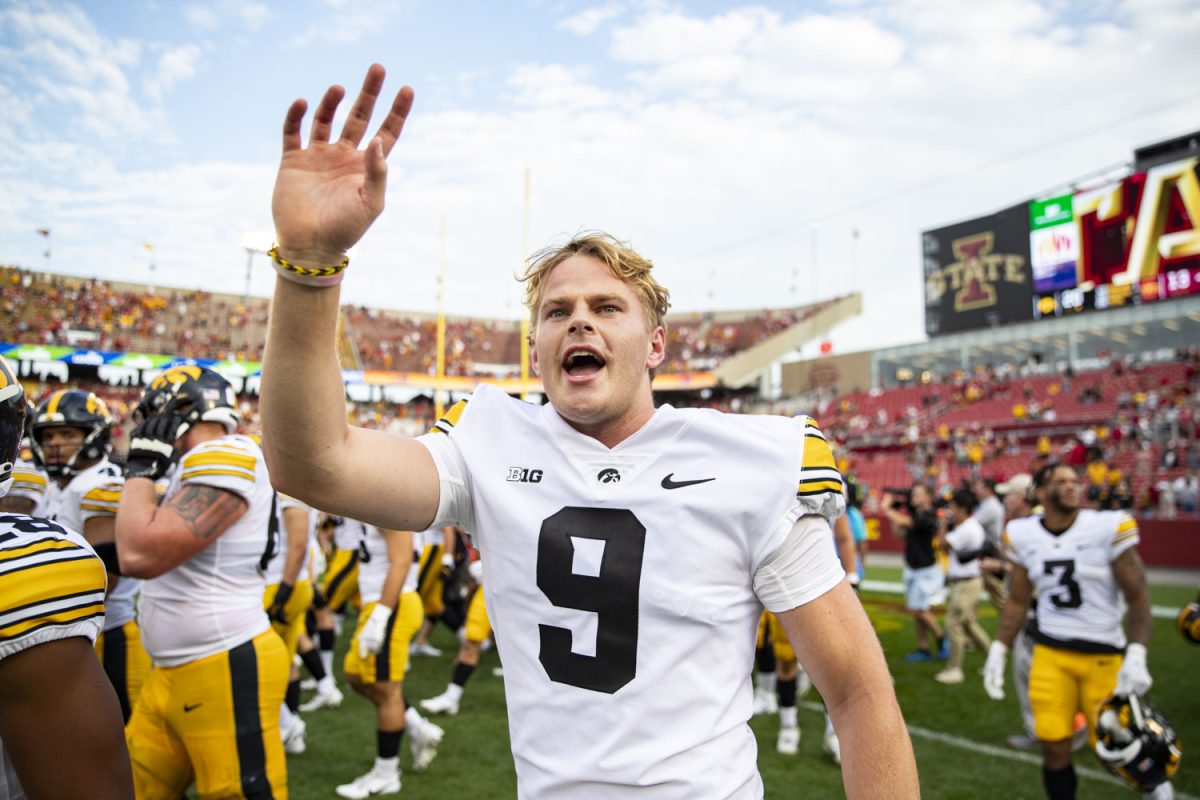 Iowa punter Tory Taylor waves to fans after a Cy-Hawk football game between Iowa and Iowa State at Jack Trice Stadium in Ames on Saturday, Sept. 9, 2023. The Hawkeyes defeated the Cyclones, 20-13. Taylor averaged 46.3 yards per punt.