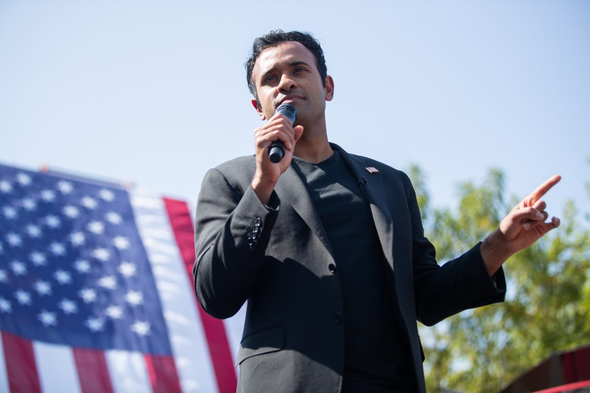 Republican presidential candidate Vivek Ramaswamy speaks during the 4th District tailgate Presidential Rally in Nevada, Iowa on Saturday, Sept. 9, 2023. The tailgate featured speeches from republican Presidential candidates, Governor Kim Reynolds, and U.S. representative Miller-Meeks. 