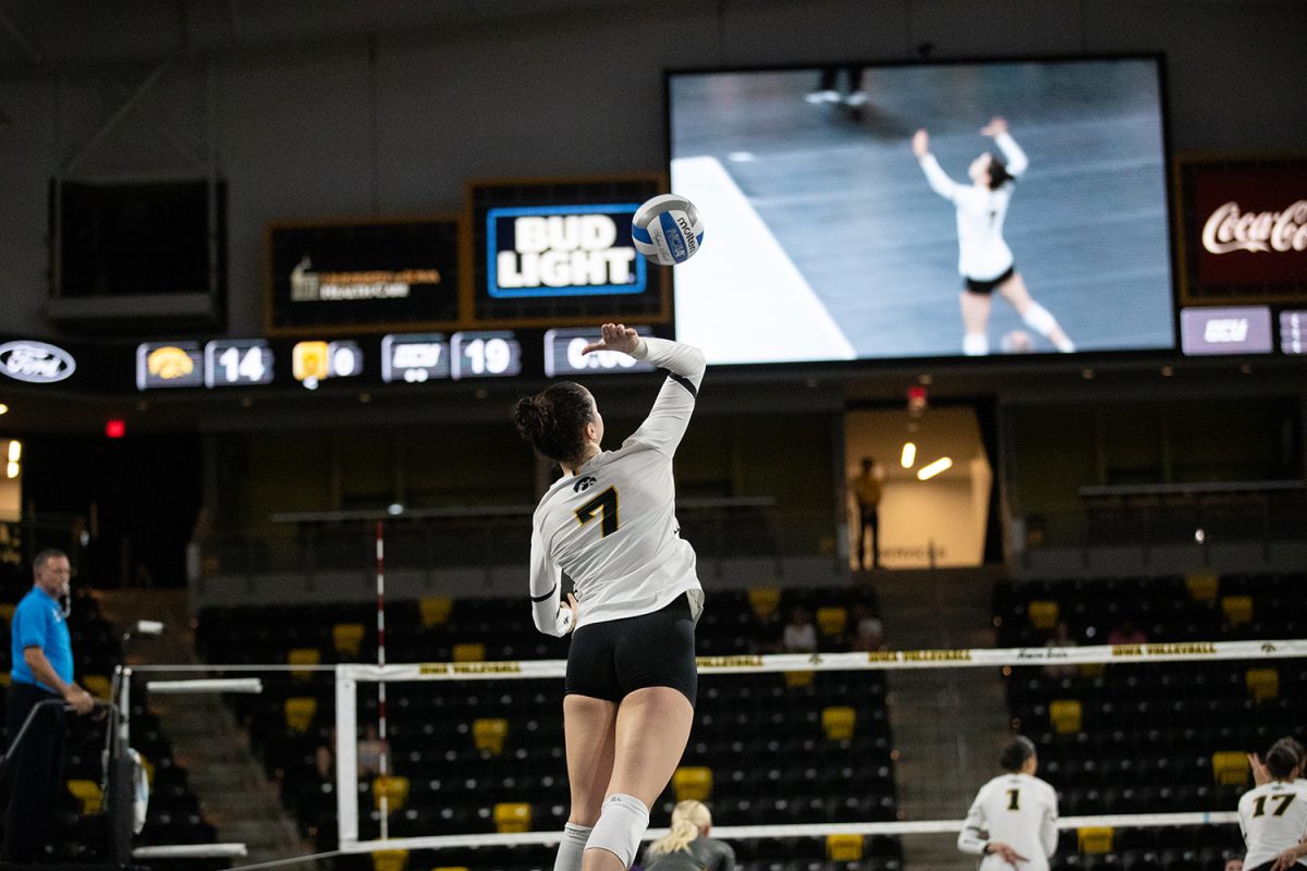 Outside hitter Caitlan Buettner is seen serving during a volleyball match between Iowa and Grand Canyon University at Xtream Arena in Coralville on September 10, 2023. The Antleopes defeated the Hawkeyes 3-0.

