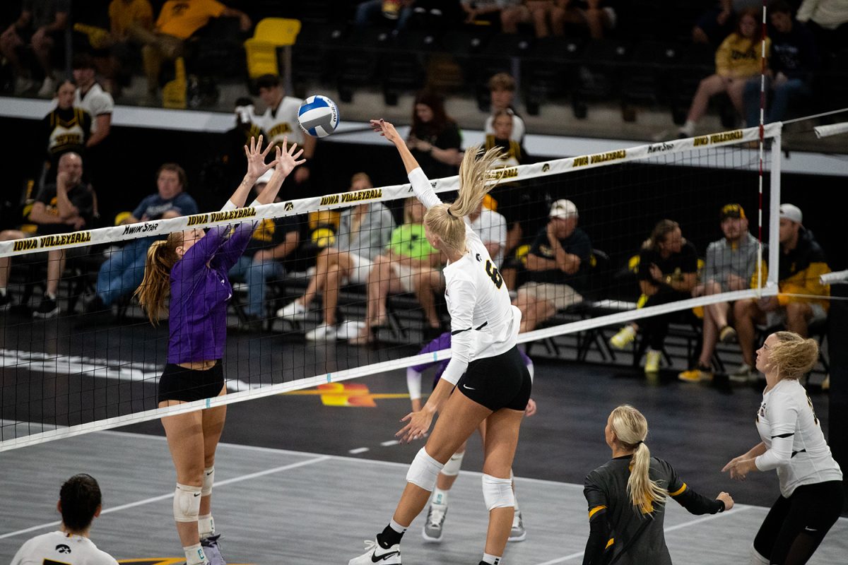 Delaney McSweeney seen spiking the ball during a volleyball match between Iowa and Grand Canyon University at Xtream Arena in Coralville on September 10, 2023. The Antleopes defeated the Hawkeyes 3-0.


