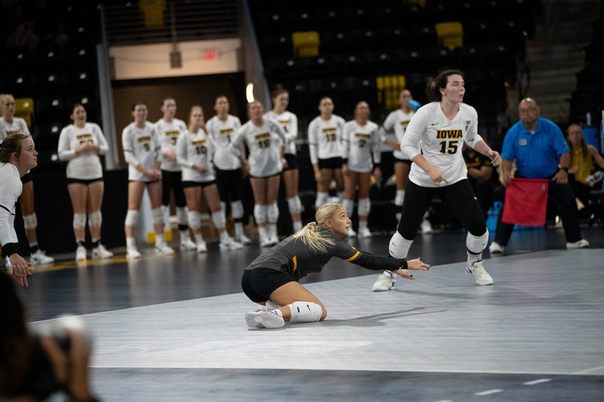 Libero Sydney Dennis seen receiving a serve during a volleyball match between Iowa and Grand Canyon University at Xtream Arena in Coralville on September 10, 2023. The Antleopes defeated the Hawkeyes 3-0.
