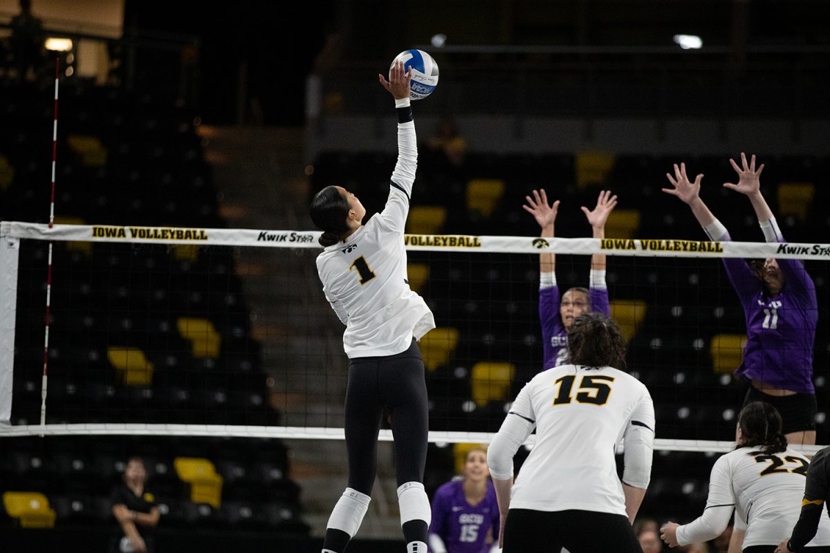 Outside hitter Nataly Moravec is seen spiking the ball during a volleyball match between Iowa and Grand Canyon University at Xtream Arena in Coralville on September 10, 2023. The Antleopes defeated the Hawkeyes, 3-0.
