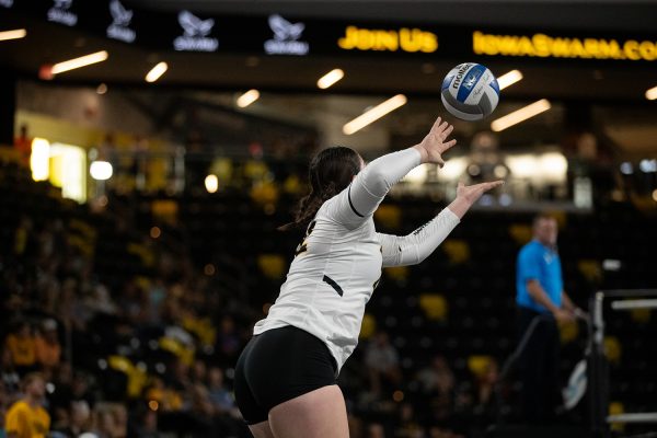Middle hitter Rosa Vesty seen serving the ball during a volleyball match between Iowa and Grand Canyon University at Xtream Arena in Coralville on September 10, 2023. The Antleopes defeated the Hawkeyes 3-0.