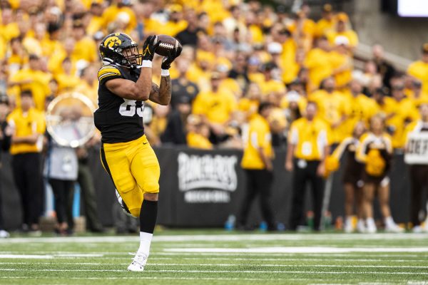 Iowa tight end Erick All catches a pass during a football game between Iowa and Western Michigan at Kinnick Stadium in Iowa City on Saturday, Sept. 16, 2023. The Hawkeyes defeated the Broncos, 41-10. All had 34 receiving yards and scored a two-point conversion.