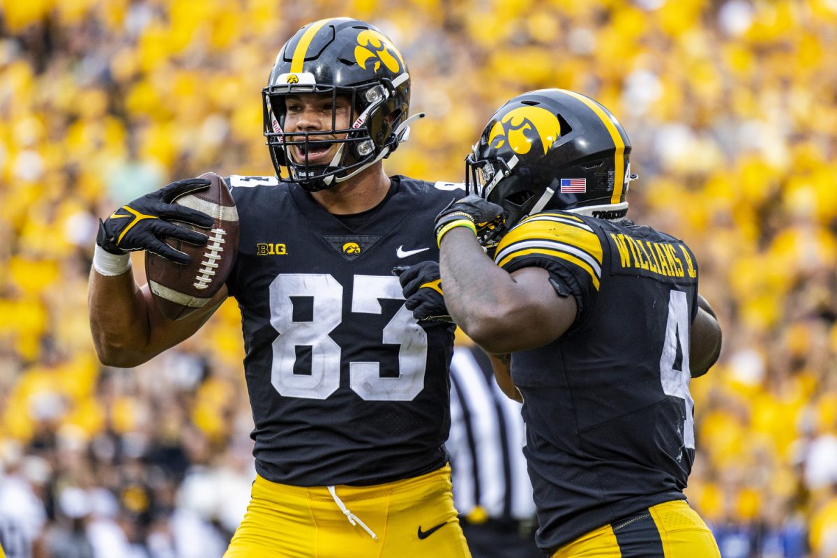 Iowa+right+end+Erick+All+and+running+back+Leshon+Williams+celebrate+a+touchdown+from+All+during+a+football+game+between+Iowa+and+Western+Michigan+at+Kinnick+Stadium+in+Iowa+City+on+Saturday%2C+Sept.+16%2C+2023.+The+Hawkeyes+defeated+the+Broncos%2C+41-10.+All+had+34+receiving+yards+and+scored+a+two-point+conversion.