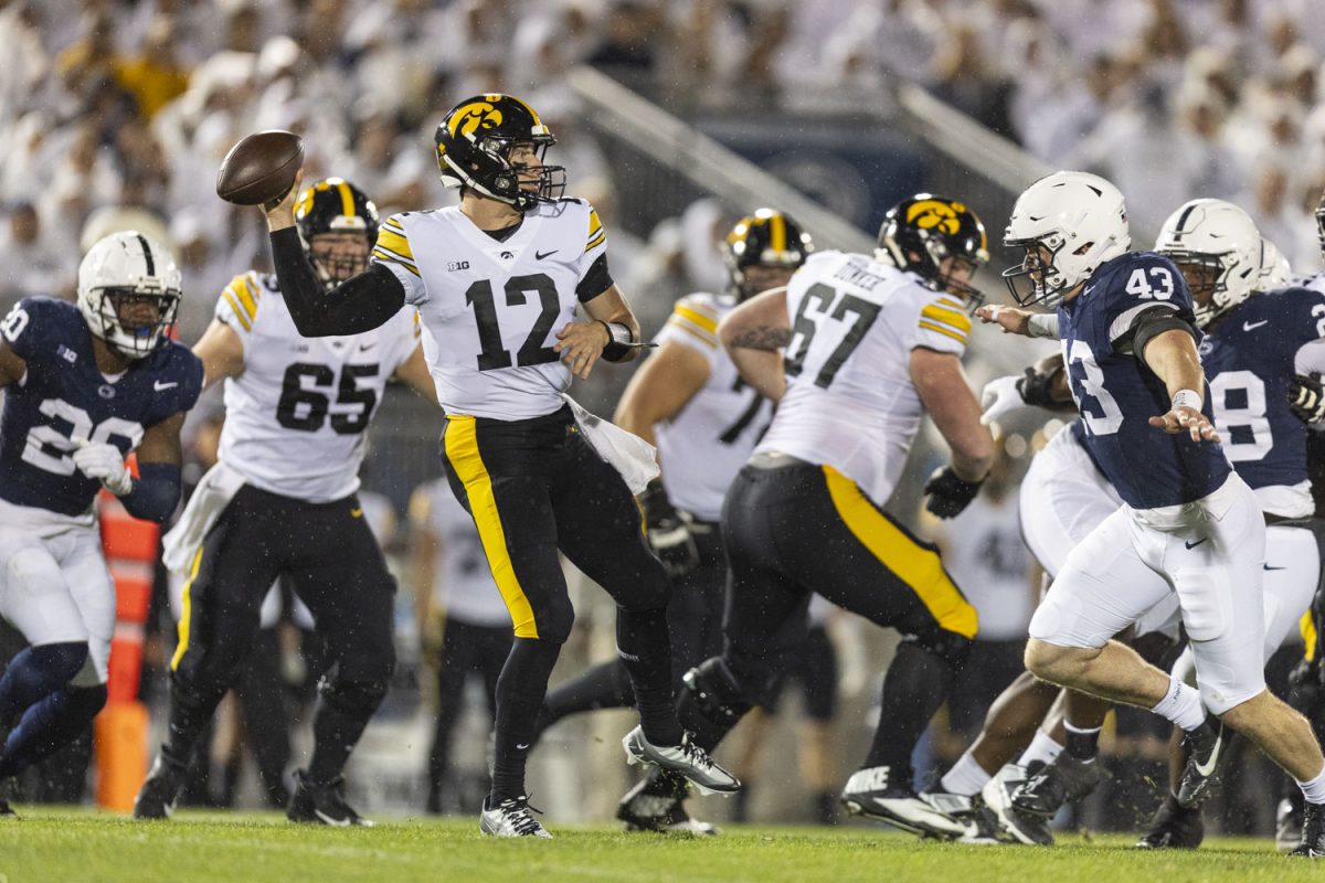 Iowa+quarterback+Cade+McNamara+prepares+to+throw+the+ball+during+a+football+game+between+No.+24+Iowa+and+No.+7+Penn+State+at+Beaver+Stadium+in+State+College%2C+Pa.%2C+on+Saturday%2C+Sept.+23%2C+2023.+The+Nittany+Lions+defeated+the+Hawkeyes%2C+31-0.+Iowa+totaled+76+yards.