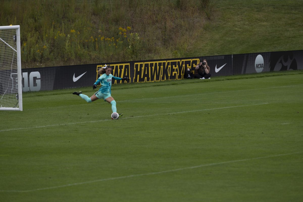 Iowa goalkeeper Macy Enneking kicks the ball during a soccer game between Iowa and Minnesota at the University of Iowa Soccer Complex in Iowa City on Sunday, Sept. 24, 2023. The Hawkeyes tied the Golden Gophers, 0-0. 