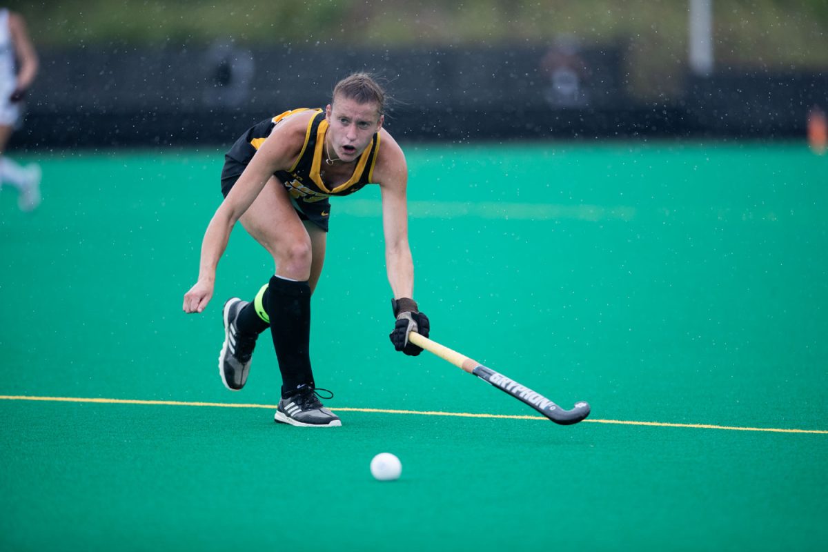 Iowa’s midfielder/defender Esme Gibson dribbles the ball during a game between Iowa and the University of Massachusetts-Lowell at Grant Field in Iowa City on Sunday, Sept. 10, 2023. 