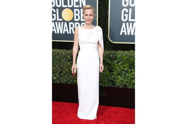 Jan 5, 2020; Beverly Hills, CA, USA; Gillian Anderson arrives on the red carpet during the 77th Annual Golden Globe Awards at The Beverly Hilton Hotel. Mandatory Credit: Dan MacMedan-USA TODAY