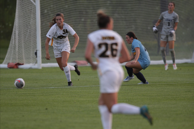 Iowa midfielder Millie Greer runs for the ball during a soccer game between Iowa and Kansas City at the University of Iowa Soccer Complex on Sunday, Aug. 20, 2023. The Hawkeyes defeated the Roos 2-0. 