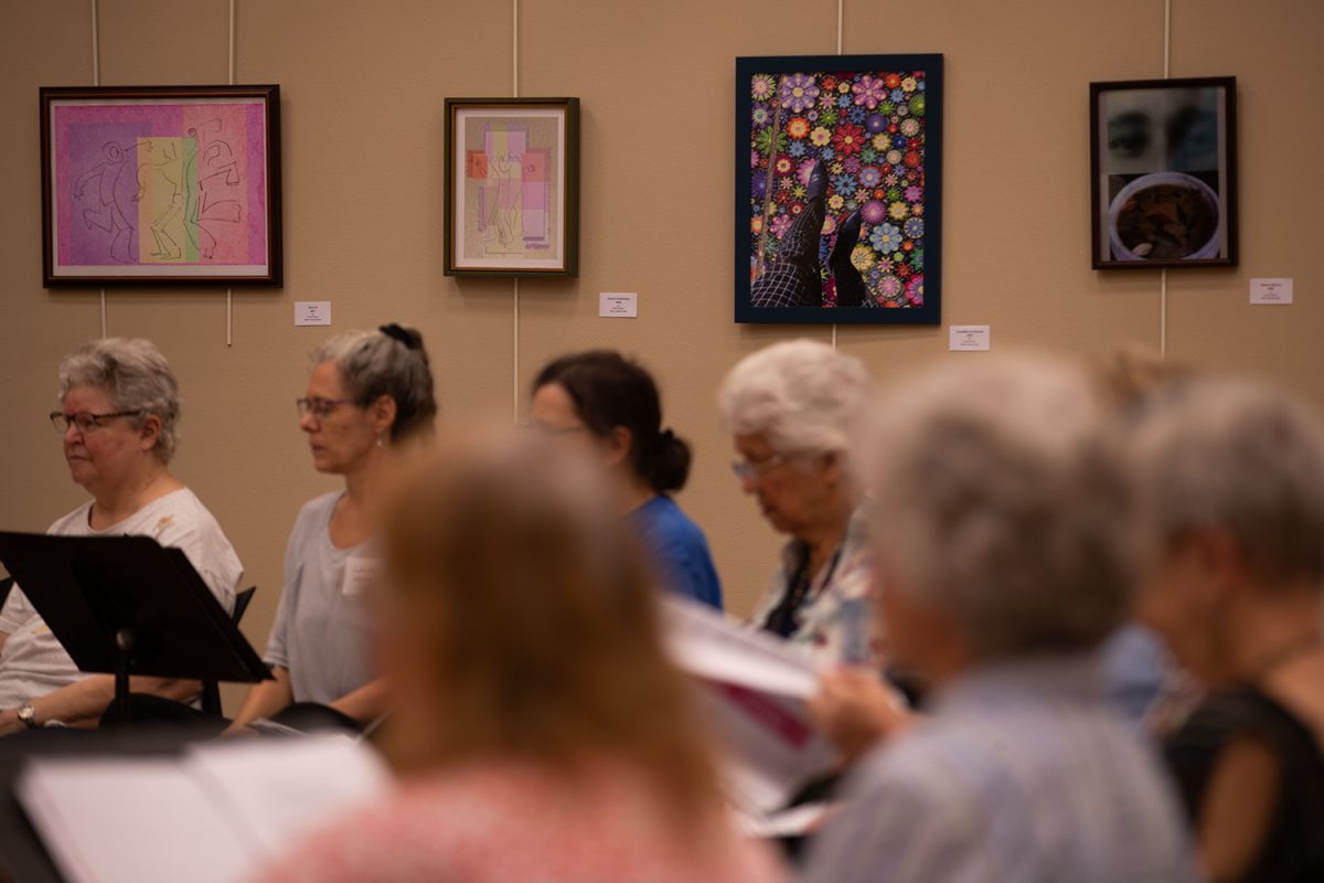 David Weldon’s exhibit Abstractions is seen at the Iowa City Senior Center on Tuesday, Sept. 5, 2023. The exhibit will run from Aug. 8 to Sept. 29 and is open from 8am to 5pm. (Lua Rasga/ The Daily Iowan)