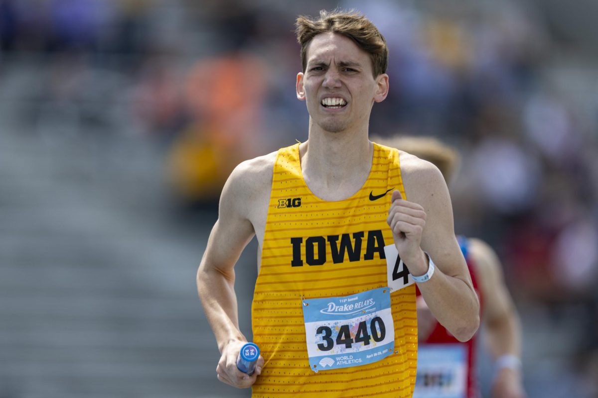 Iowa’s Jack Pendergast competes in the 4x1600 meter relay during day two of the 2023 Drake Relays at Drake Stadium in Des Moines on Friday, April 28, 2023. Iowa’s relay team finished ninth with a time of 17:11.68.