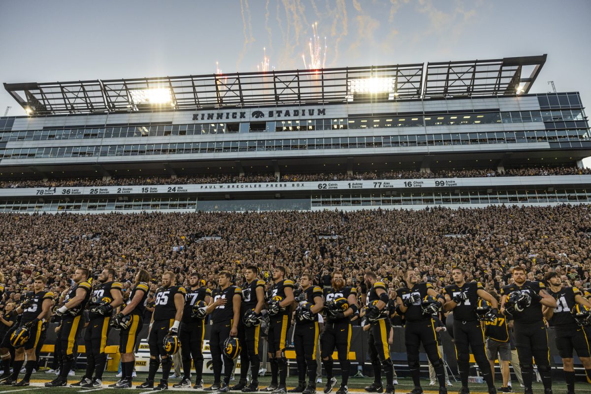 Iowa+listens+to+the+National+Anthem+as+fireworks+go+off+during+a+football+game+between+Iowa+and+Michigan+State+at+Kinnick+Stadium+in+Iowa+City+on+Saturday%2C+Sept.+30%2C+2023.+The+Hawkeyes+defeated+the+Spartans%2C+26-16.+Iowa+had+a+total+of+222+years.