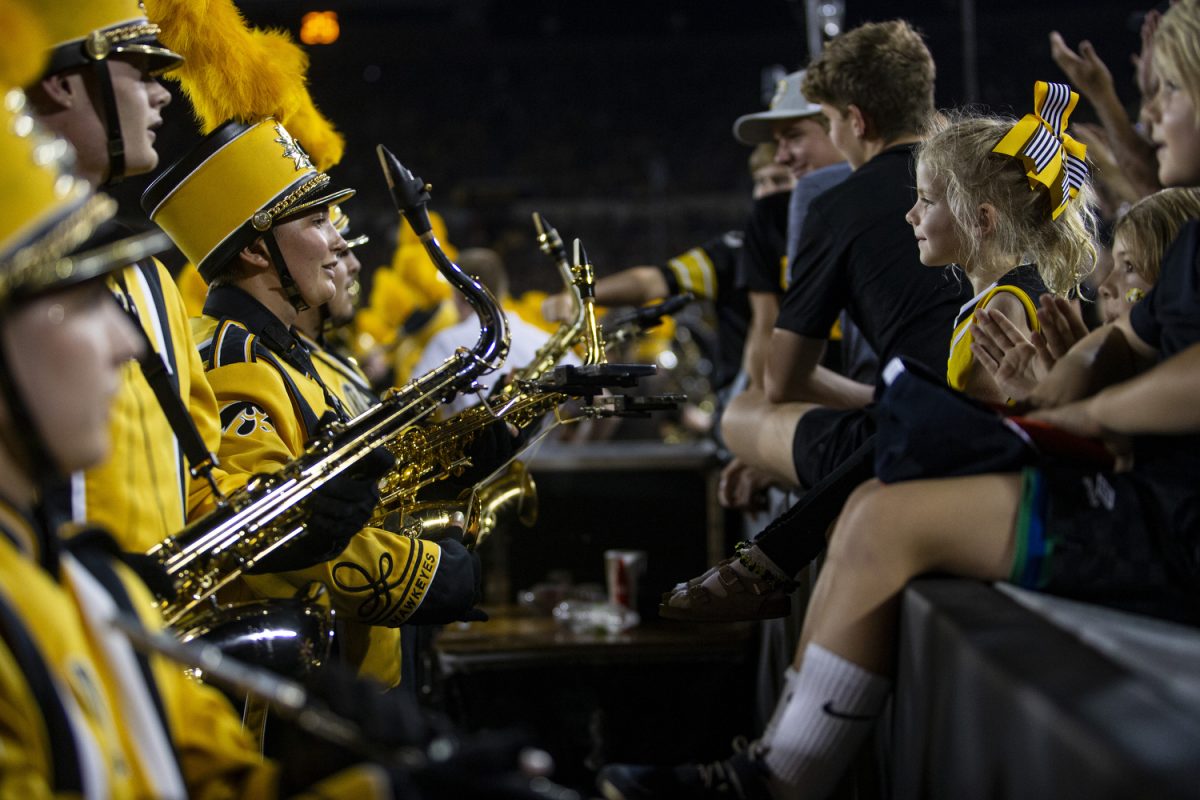 The Hawkeye Marching Band performs during a football game between Iowa and Michigan State at Kinnick Stadium on Saturday, Sept. 30, 2023. The Hawkeyes defeated the Spartans, 26-16.