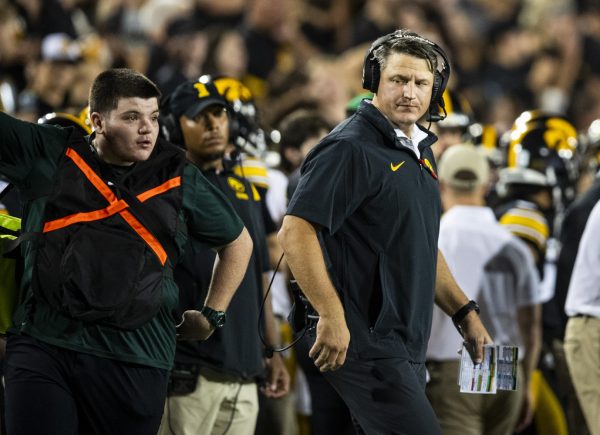 Iowa offensive coordinator Brian Ferentz reacts to a play during a football game between Iowa and Michigan State at Kinnick Stadium in Iowa City on Saturday, Sept. 30, 2023. The Hawkeyes defeated the Spartans, 26-16. Ferentz met his performance objective of scoring more than 25 points in a game. His performance objective states he must average 25 points per game.