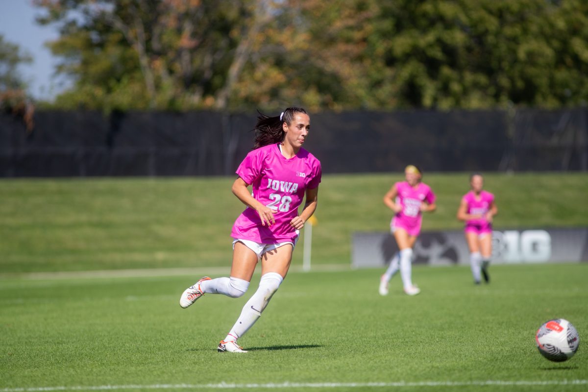 Iowa forward Kenzie Roling chase the ball during a women's soccer game between Iowa and Rutgers at the Iowa Soccer Complex in Iowa City on Oct. 1, 2023.