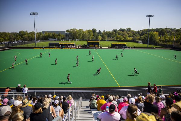 Iowa and Michigan State face off during a field hockey match between No. 1 Iowa and Michigan State at Grand Field in Iowa City on Sunday, Oct. 1, 2023. The Hawkeyes defeated the Spartans, 3-1. 
