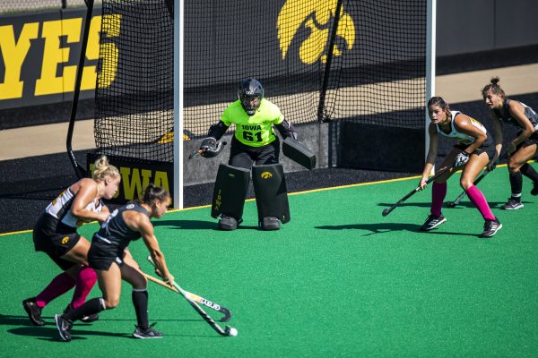 Iowa goalkeeper Mia Magnotta prepares to stop a goal during a field hockey match between No. 1 Iowa and Michigan State at Grand Field in Iowa City on Sunday, Oct. 1, 2023. Magnotta played for all 60 minutes of the match. The Hawkeyes defeated the Spartans, 3-1. 