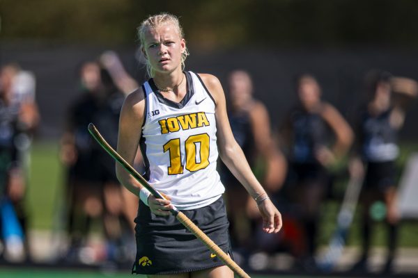 Iowa midfield Dionne van Aalsum reacts during a field hockey match between No. 1 Iowa and Michigan State at Grand Field in Iowa City on Sunday, Oct. 1, 2023. van Aalsum scored one goal in the first period. The Hawkeyes defeated the Spartans, 3-1. 
