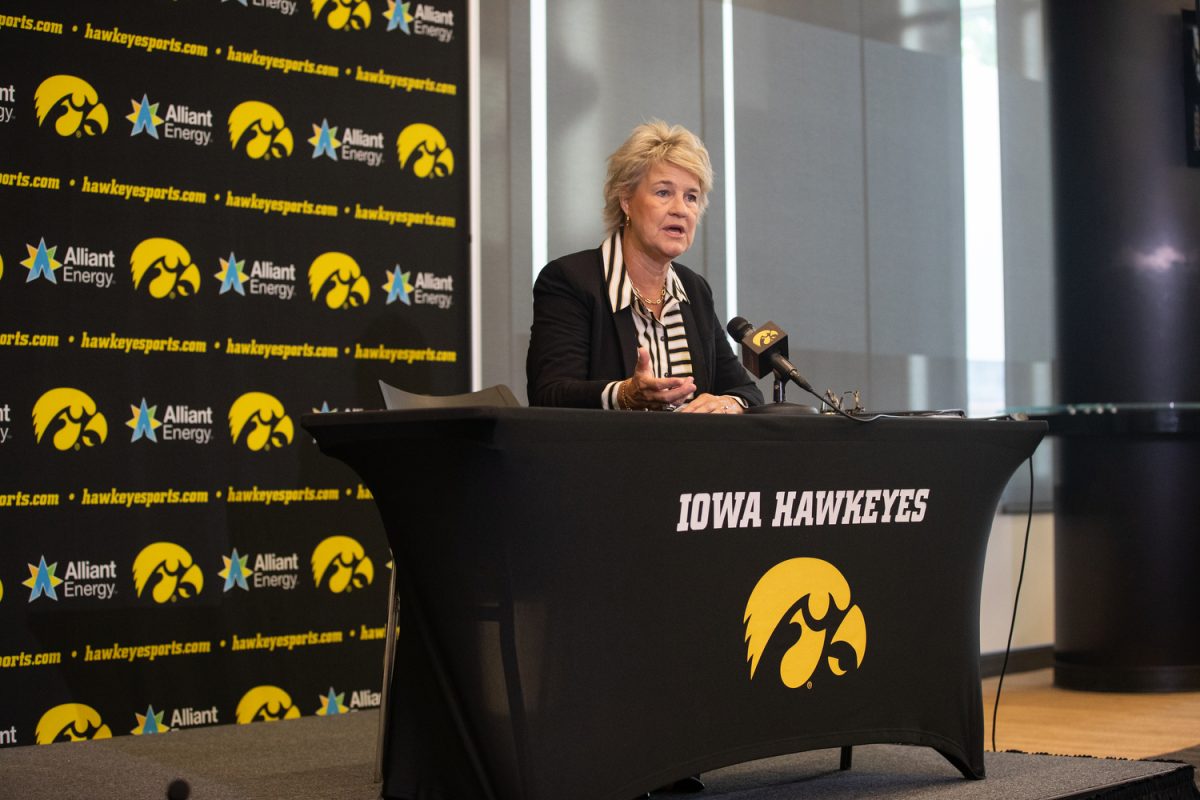Iowa women’s basketball team Head Coach Lisa Bluder answers questions during a press conference at Iowa women’s basketball media day at Carver-Hawkeye Arena on Wednesday, Oct. 4, 2023. The Hawkeyes ended last season as runner-up in the NCAA.