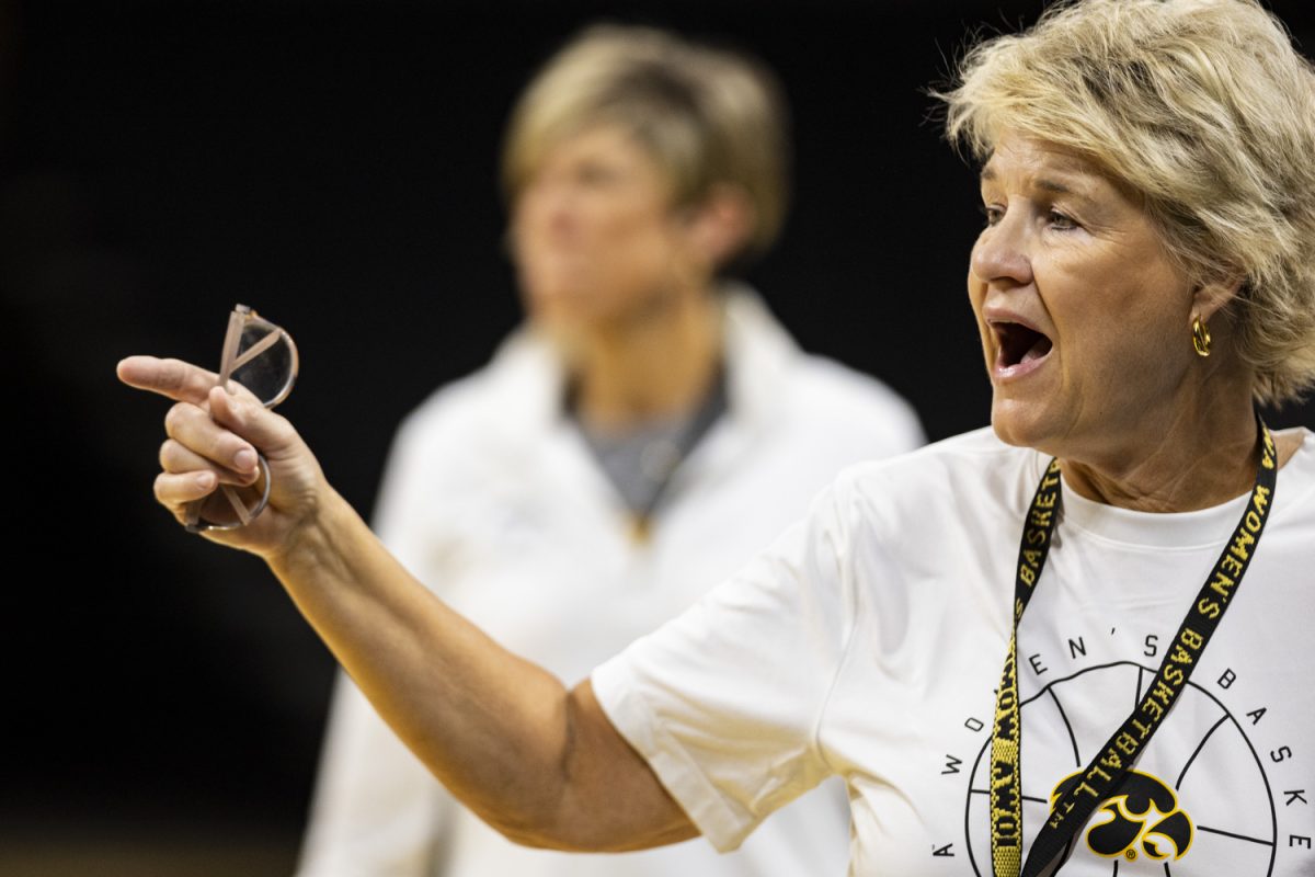 Iowa women’s basketball head coach Lisa Bluder gives directions to players during Iowa womens basketball media day at Carver-Hawkeye Arena on Wednesday, Oct. 4, 2023. Iowa finished runner-up in the 2023 NCAA women’s national championship.