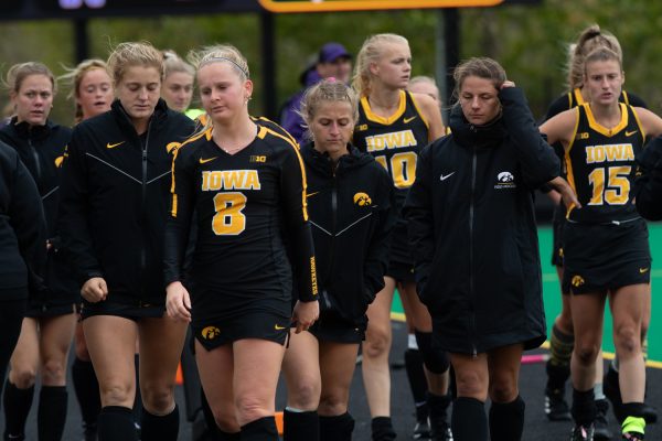 Iowa players leave a field hockey game between Iowa and Northwestern on Friday Oct. 6, 2023. The Wildcats defeated Iowa, 2-0.