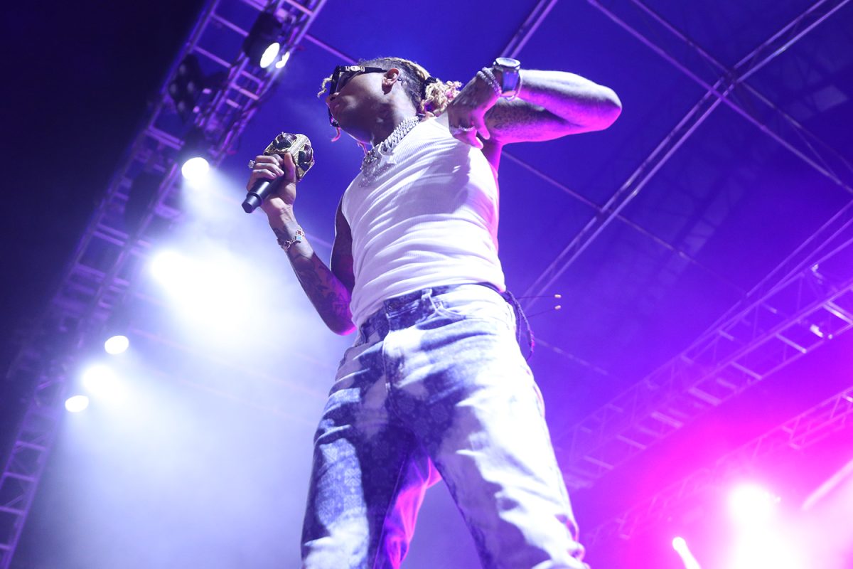 Rapper Swae Lee performs during University of Iowa Homecoming on the Pentacrest in Iowa City on Friday, Oct. 6, 2023.