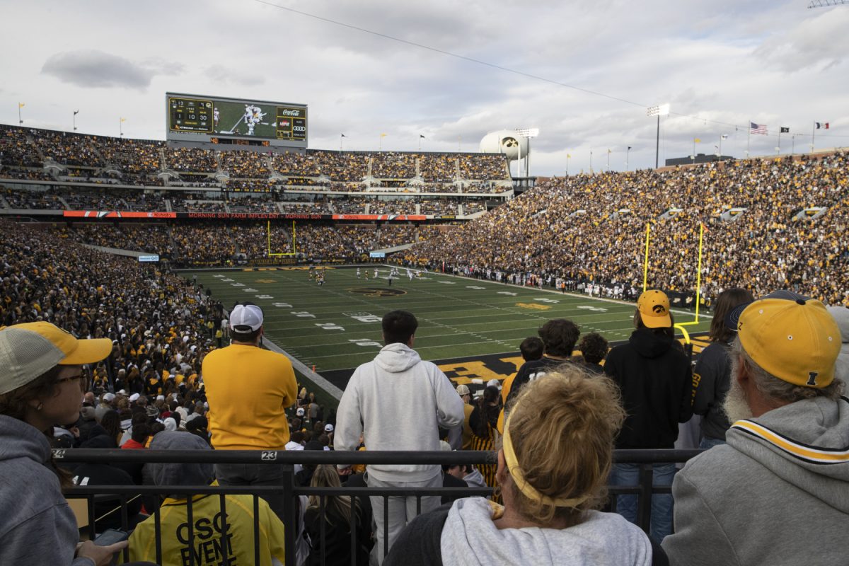 Iowa fans watch the Iowa homecoming football game between Iowa and Purdue at Kinnick Stadium in Iowa City on Saturday, Oct. 7, 2023. The Hawkeyes defeated the Boilermakers 20-14.