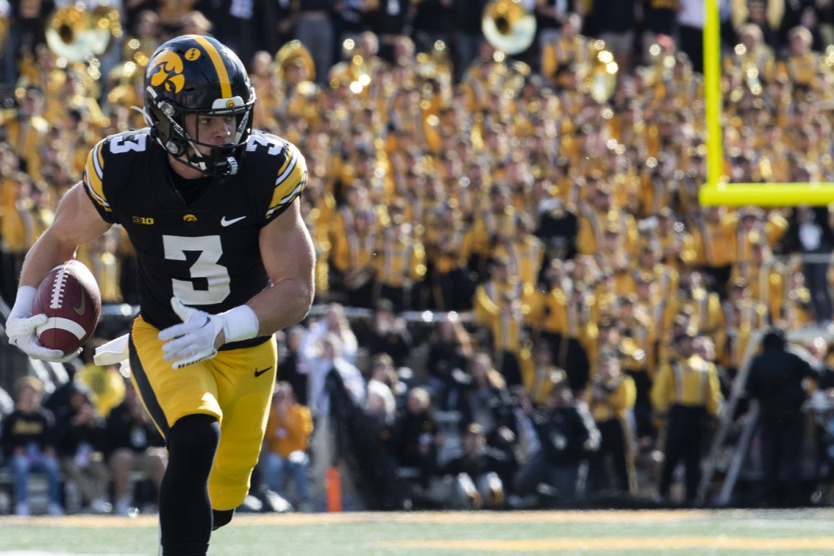 Iowa+defensive+back+Cooper+DeJean+runs+the+ball++during+the+Iowa+homecoming+football+game+between+Iowa+and+Purdue+at+Kinnick+Stadium+in+Iowa+City+on+Saturday%2C+Oct.+7%2C+2023.+The+Hawkeyes+defeated+the+Boilermakers+20-14.+DeJean+totaled+45+yards+and+three+returns+against+Purdue.