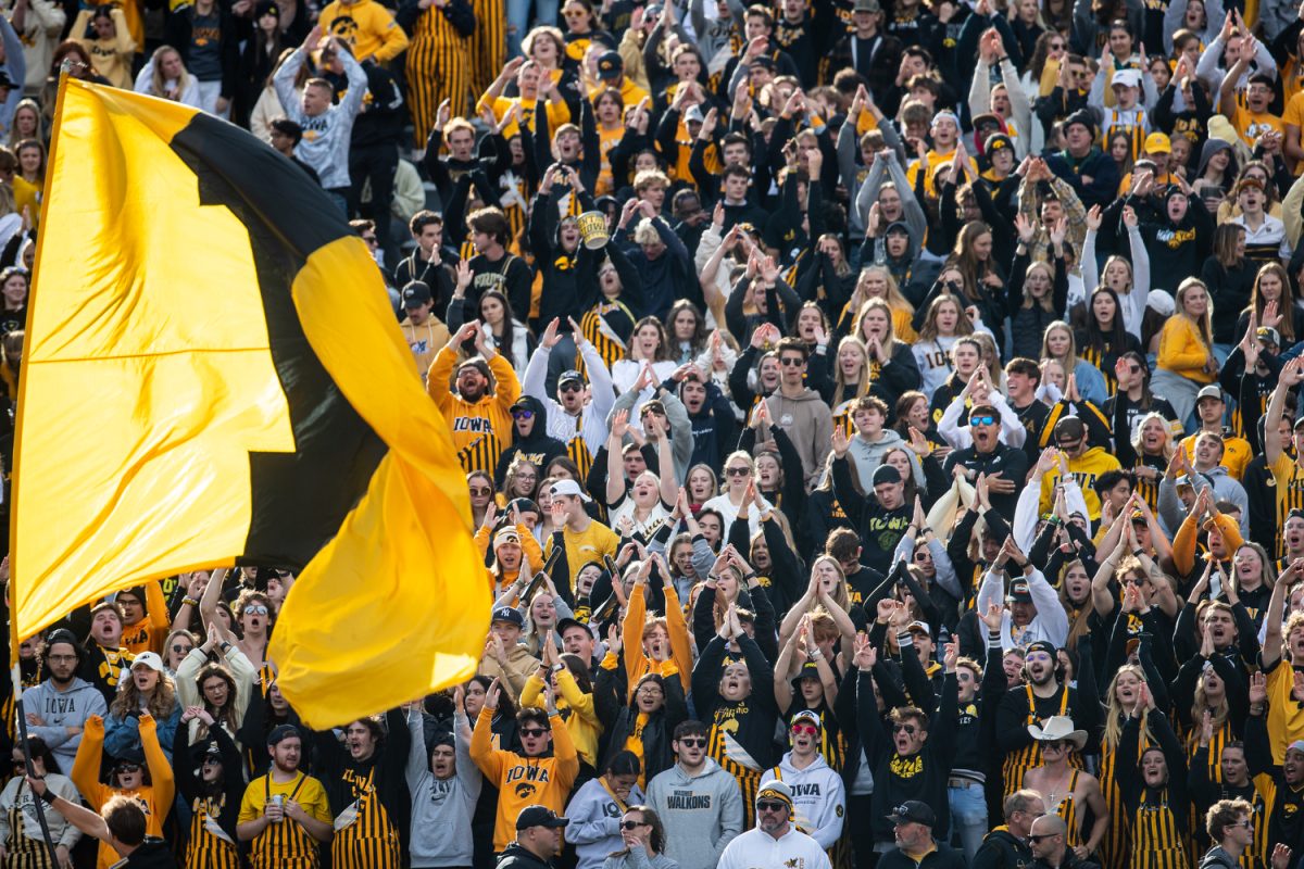 The+student+section+gestures+an+I+for+Iowa+during+the+Iowa+homecoming+football+game+between+Iowa+and+Purdue+at+Kinnick+Stadium+in+Iowa+City+on+Saturday%2C+Oct.+7%2C+2023.+The+Hawkeyes+defeated+the+Boilermakers%2C+20-14.
