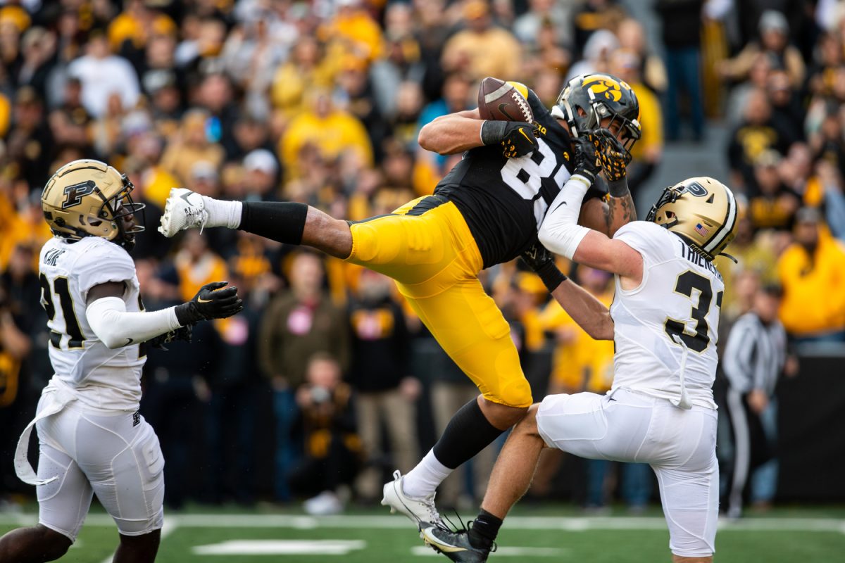 Iowa+tight+end+Erick+All+catches+the+ball+during+the+Iowa+homecoming+football+game+between+Iowa+and+Purdue+at+Kinnick+Stadium+in+Iowa+City+on+Saturday%2C+Oct.+7%2C+2023.+All+had+97+receiving+yards+and+one+touchdown.+The+Hawkeyes+defeated+the+Boilermakers%2C+20-14.