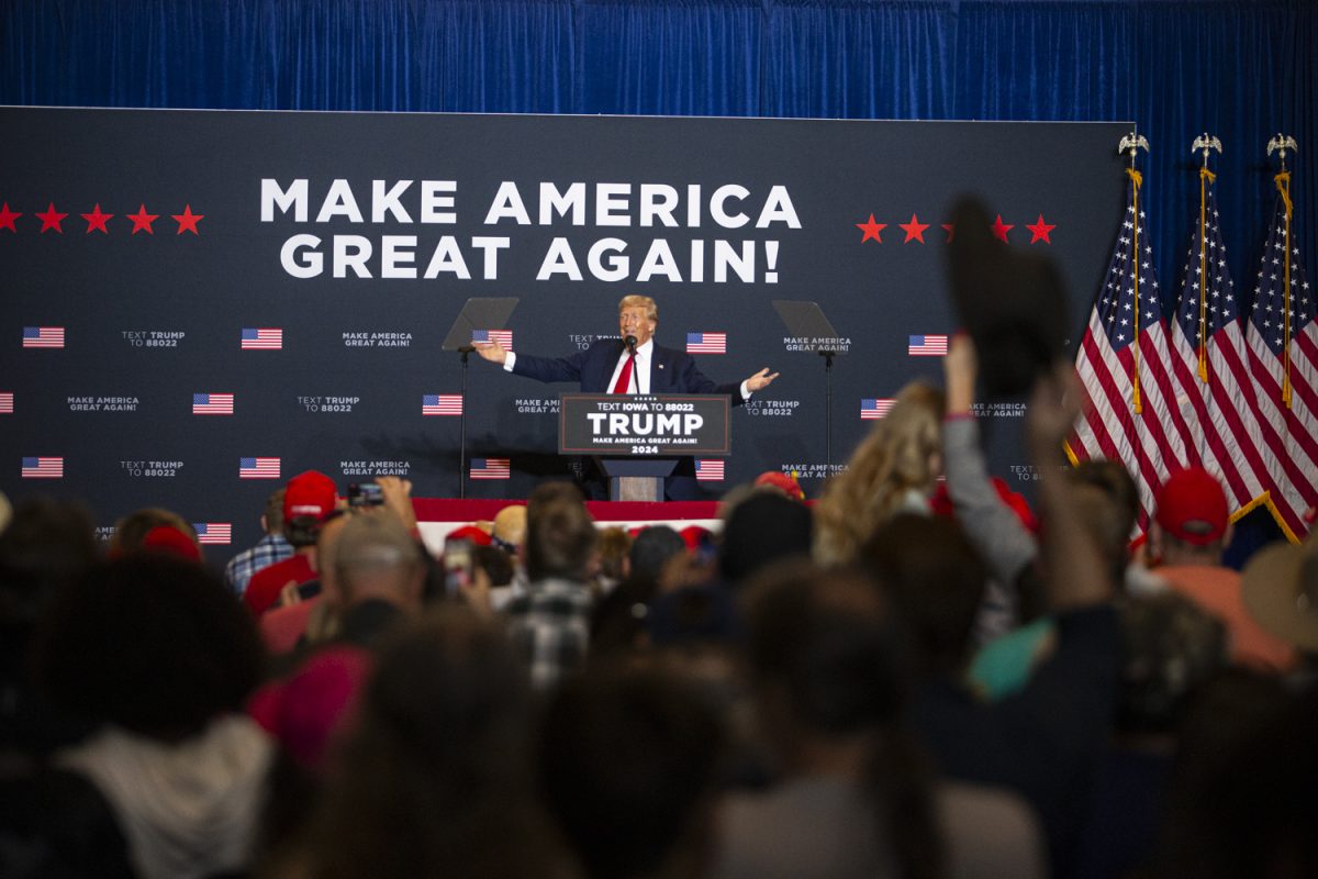Donald Trump speaks during a rally at the DoubleTree by Hilton in Cedar Rapids, Iowa on Saturday, Oct. 7, 2023. 