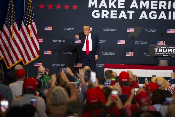 Donald Trump points during a rally at the DoubleTree by Hilton in Cedar Rapids, Iowa on Saturday, Oct. 7, 2023. 