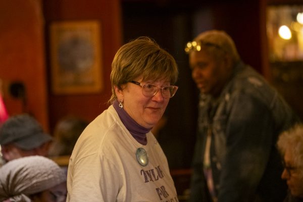 Iowa City Council member Pauline Taylor listens to the election results during a primary election watch party at Sanctuary in Iowa City on Tuesday, Oct. 10, 2023. Taylor received 159 votes.