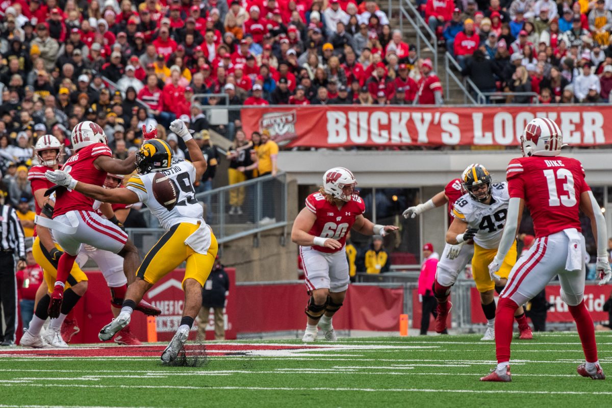 Wisconsin wide receiver Will Pauling misses a catch during a football game between Iowa and Wisconsin at Camp Randall Stadium in Madison, Wisconsin on Saturday, Oct. 14, 2023. The Hawkeyes defeated the Badgers 15-6. Pauling totaled 60 yards against Iowa.
